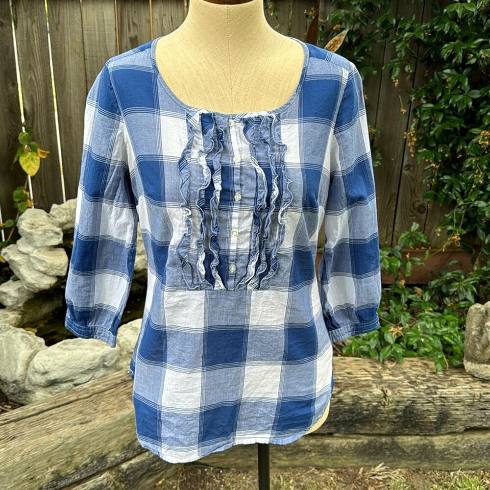 American Eagle Outfitters Blue and White Plaid Blouse Ruffles Women's 6